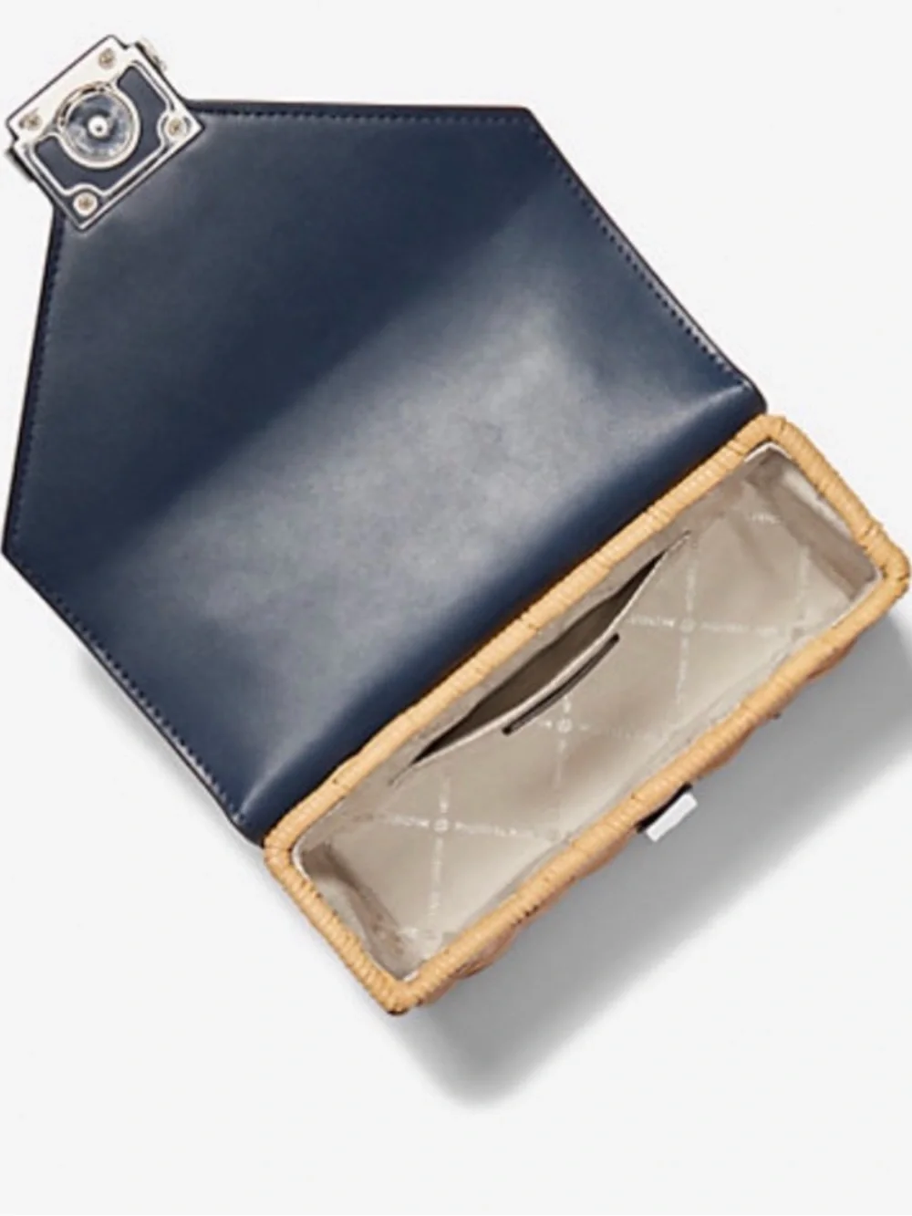Michael Kors Navy Leather and Wicker Crossbody with Silver Chain